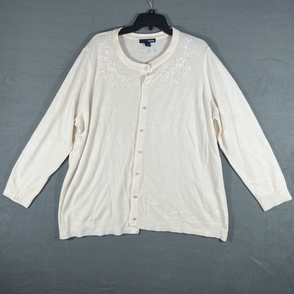 Basic Editions Woman 2X Plus Size Ivory Cardigan Sweater Embroidered Beaded